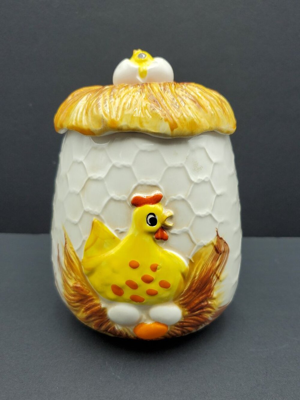 Sears Chicken Little Canister Hen on Nest Chick Egg Hatching Storage Jar